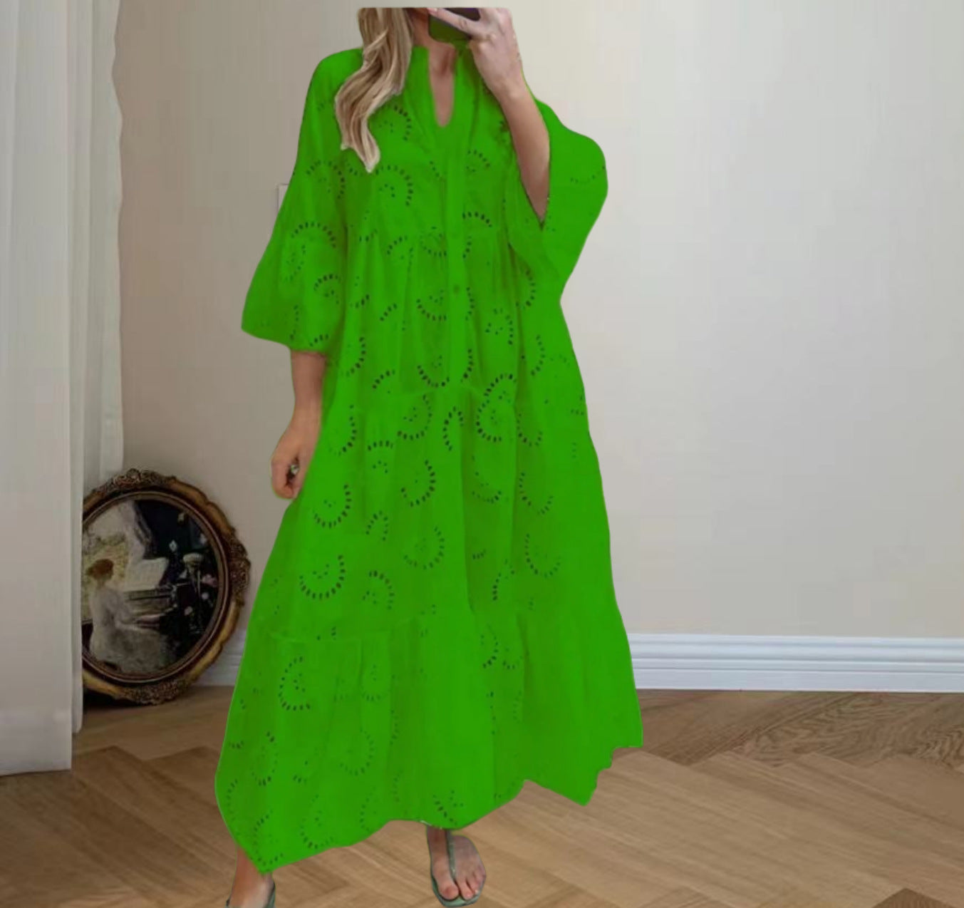 Women's Elegant Puff Sleeve Solid Color Hollow Loose Dresses