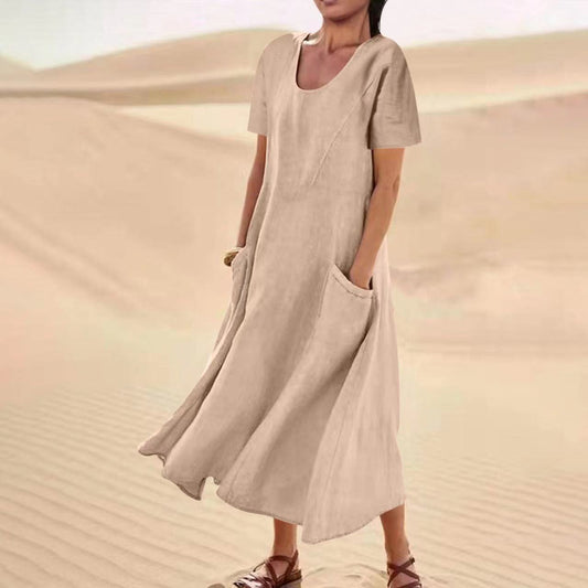 Women's Summer Solid Color Cotton Linen Pocket Dresses