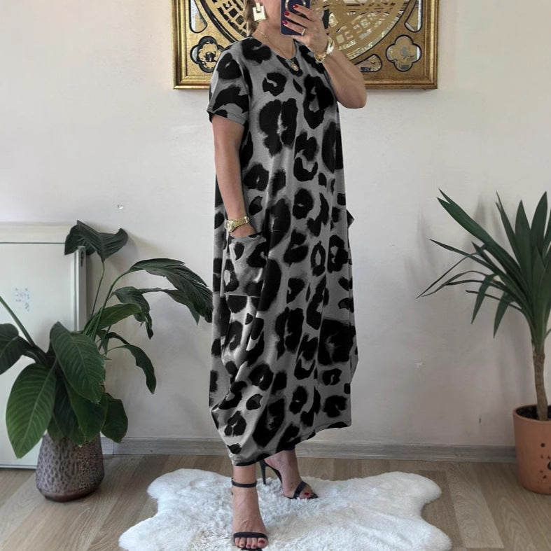 Leopard Print Pocket Casual Loose Printed Dress