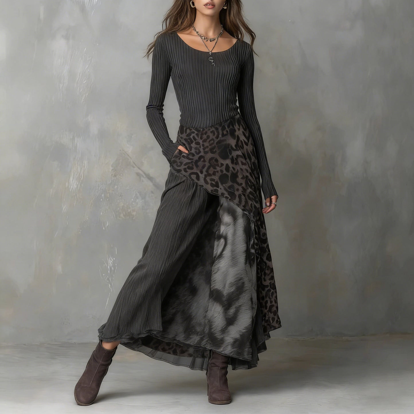 Leopard Print Elastic Waist Large Swing Dress