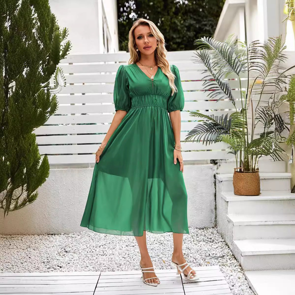 Women's Vacation Casual Solid Color Chiffon Waist Dress