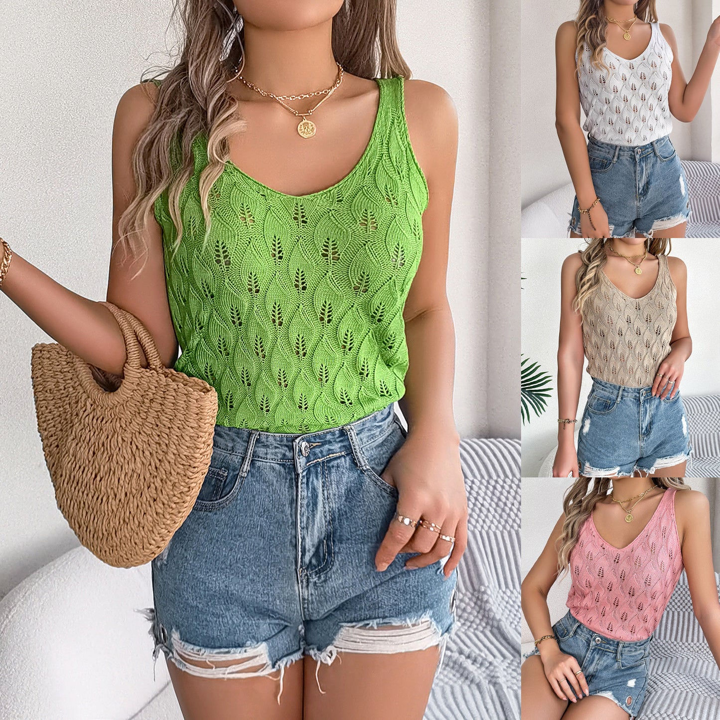 Women's Summer Solid Color Hollow Leaves Sleeveless Knitwear