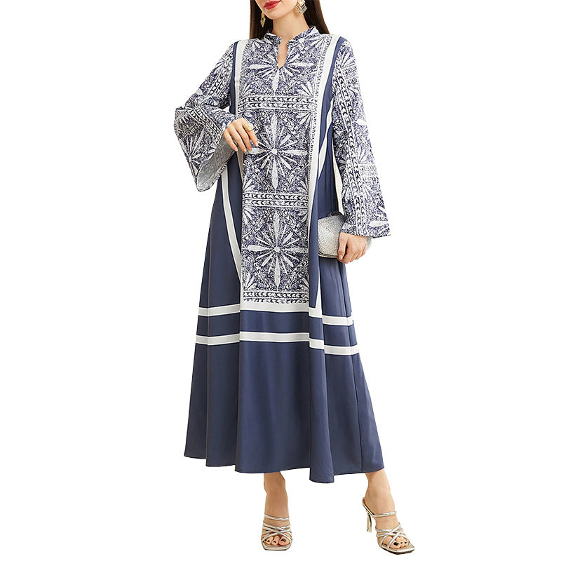 Women's Patchwork Contrast Color Retro Pattern Robe Dress