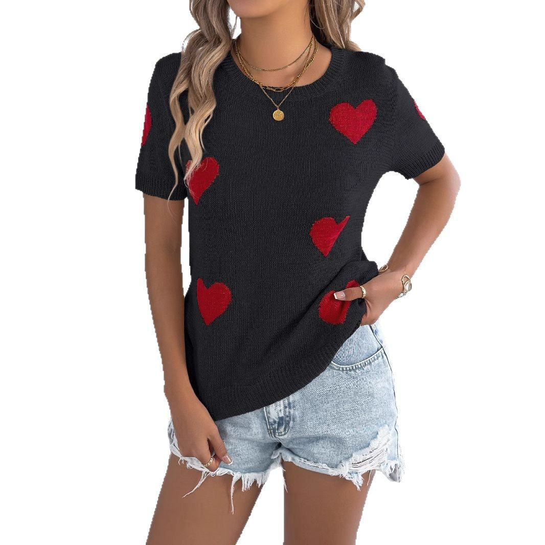 Women's Casual Contrast Color Love Short-sleeved Valentine's Sweaters
