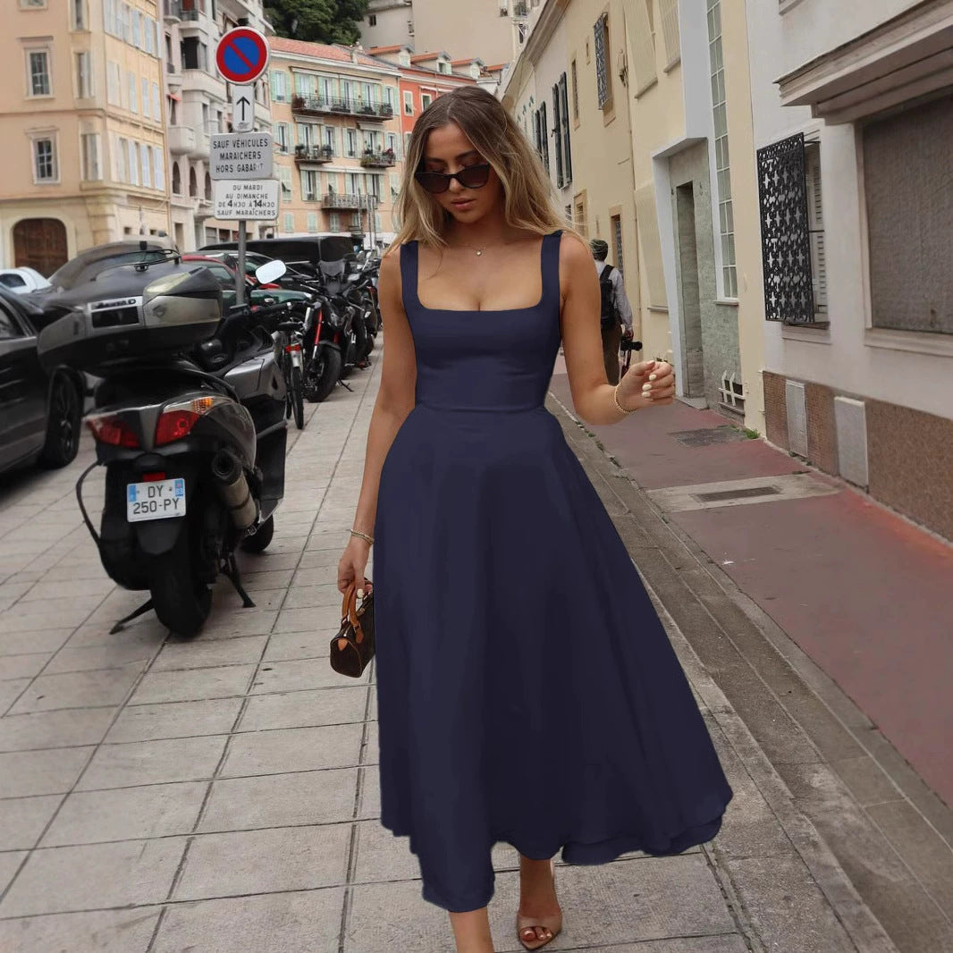 Women's Summer Temperament Square Collar Sleeveless Waist Trimming Dress