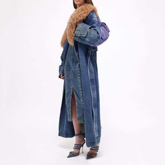 Long Denim Trench Winter Design Detachable Fur Coats
