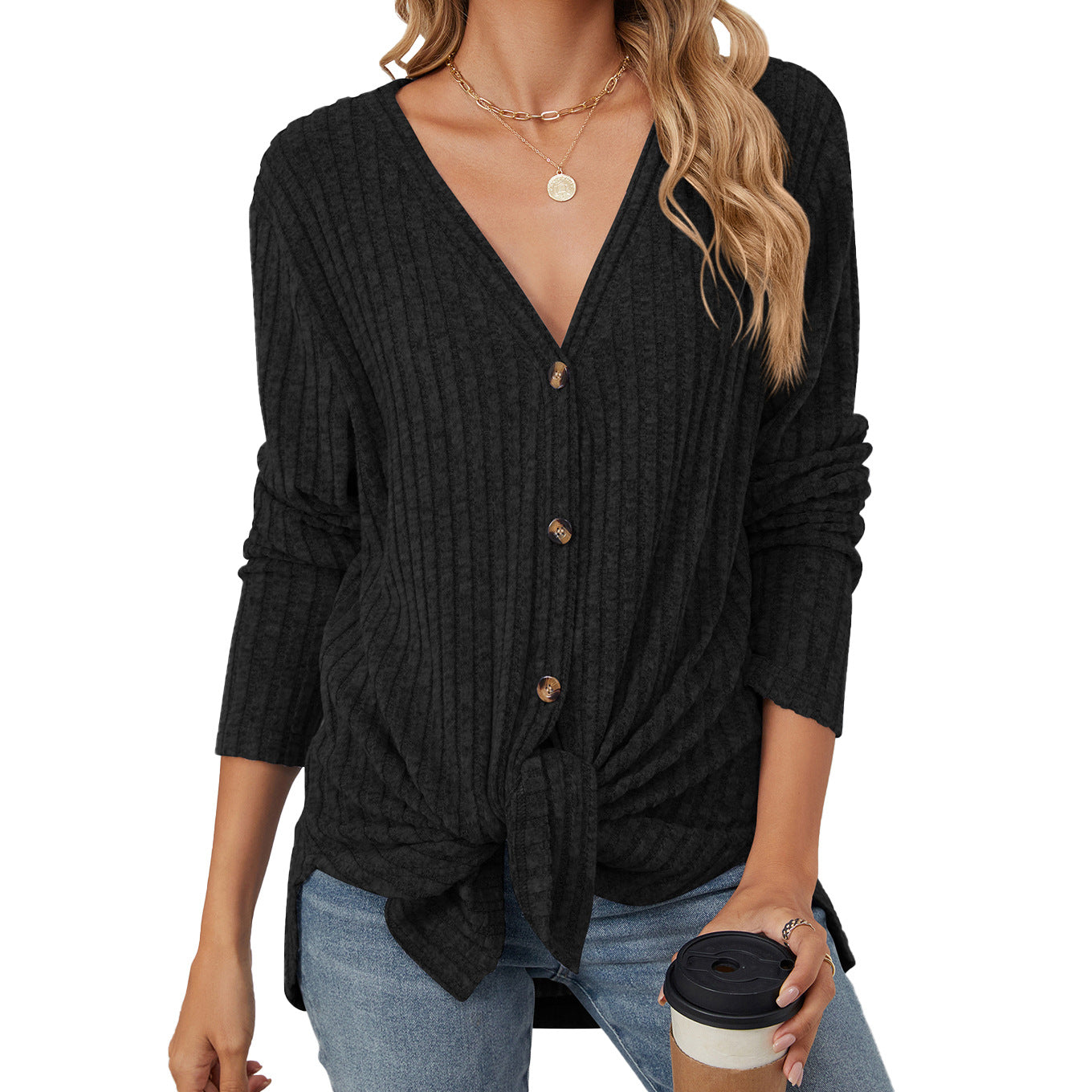 Women's Solid Color Long Sleeve Button Knitted Emerized Women's Sweater