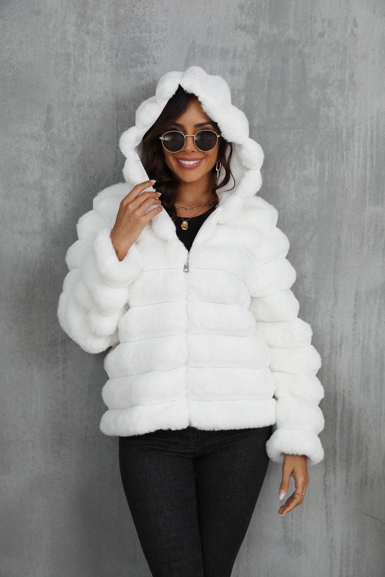 Women's Striped Hooded Imitation Fur Cropped Plush Coats