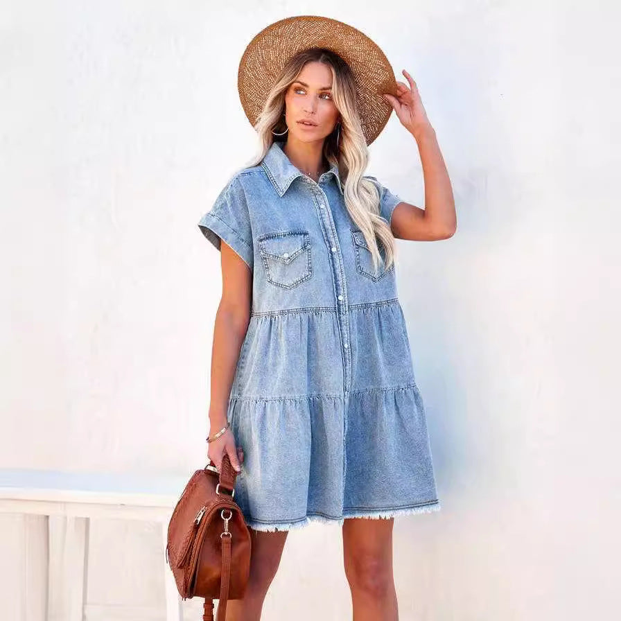 Commute Fashion Loose Denim Shirt Sleeve Dresses