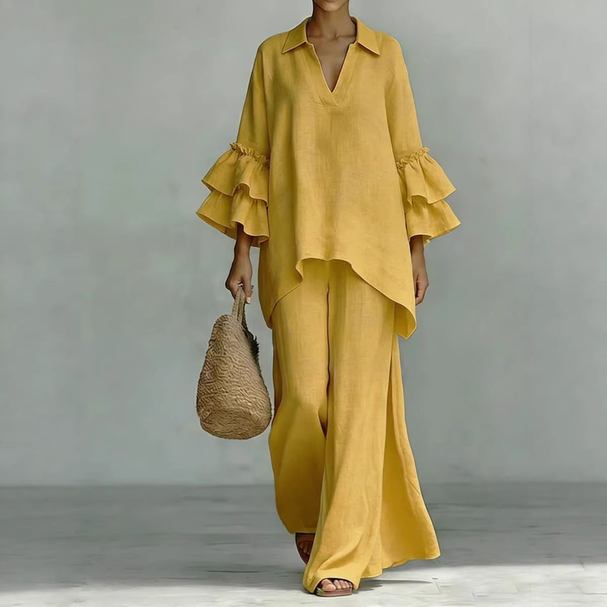 Women's Solid Color Shirt Collar Loose Trousers Fashion Casual Suit