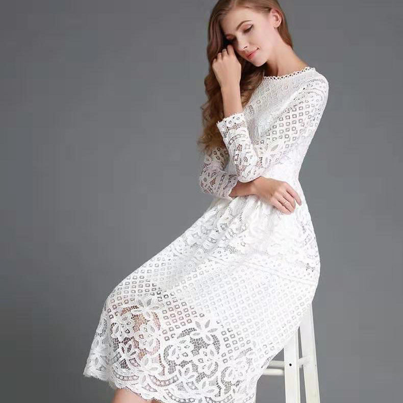 Women's Autumn Round Neck Simple Hollow Lace Long Dress