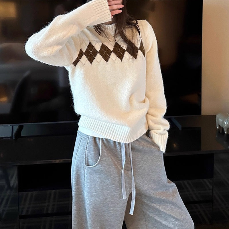 Women's Style Rhombus Jacquard Crew Neck Pullover Casual Women's Sweater