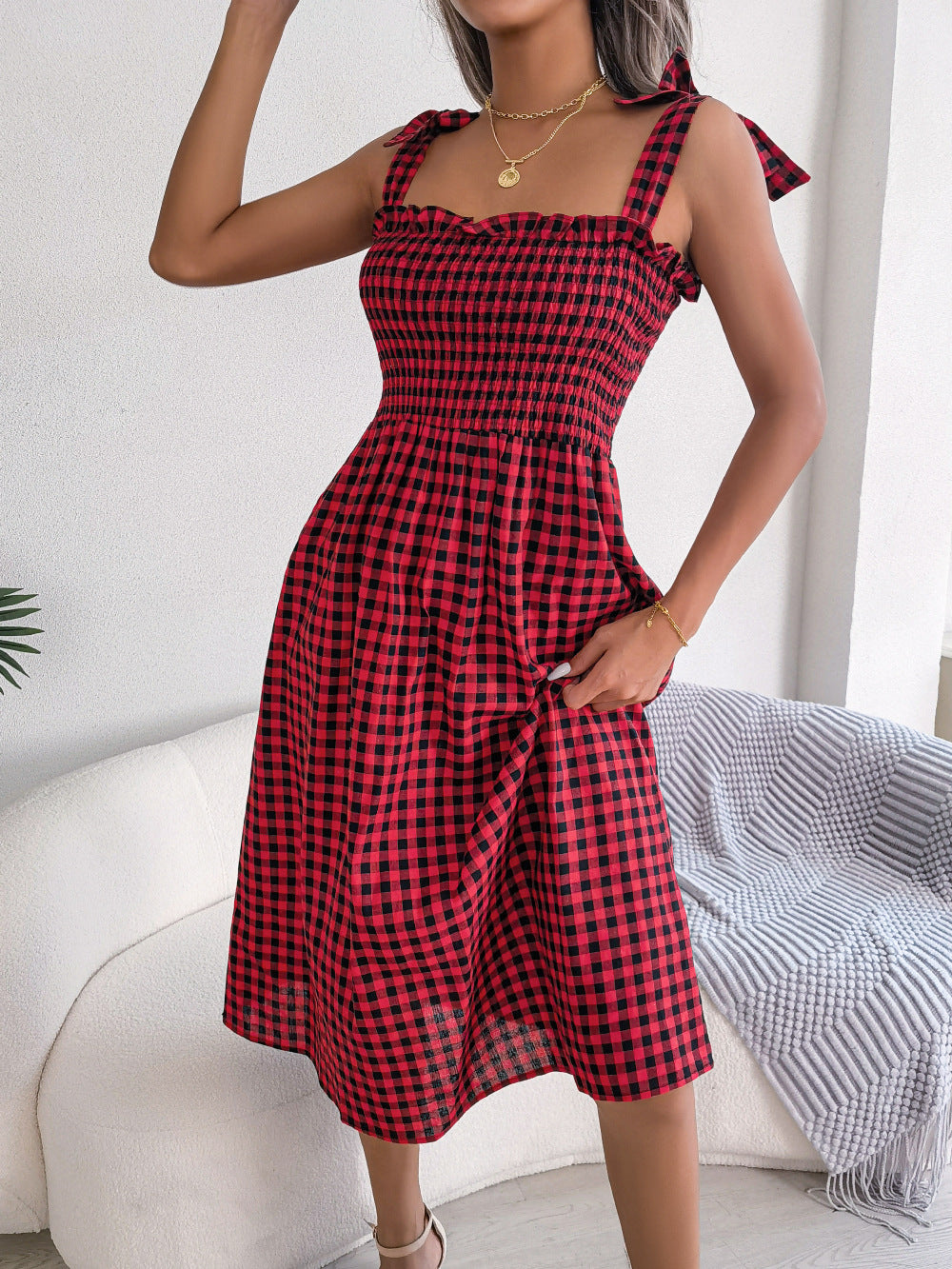 Elegant Women's Clearance Casual Plaid Mid-length Dress
