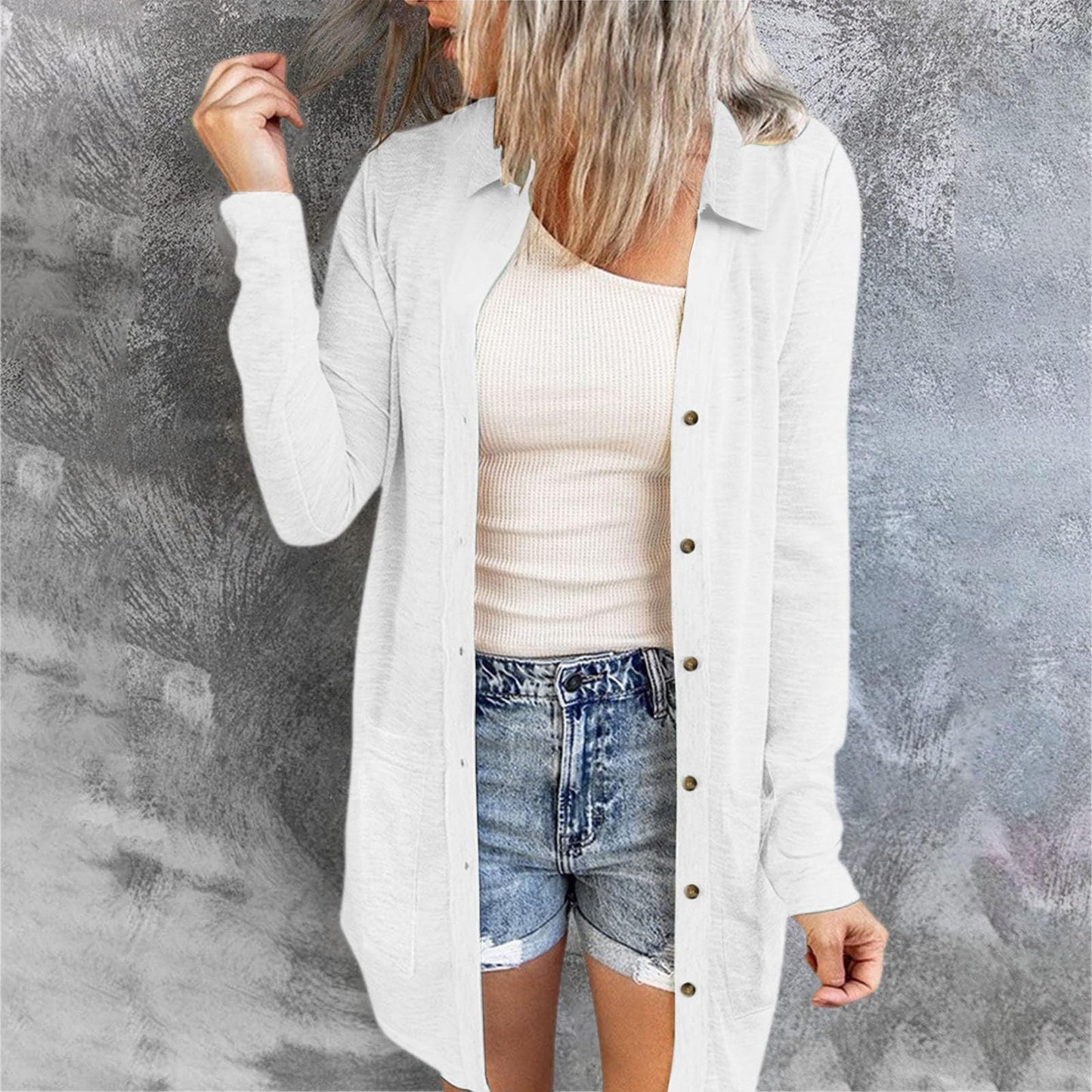 Women's Button Double Pocket Solid Color Casual Polo Collar Long Cardigans