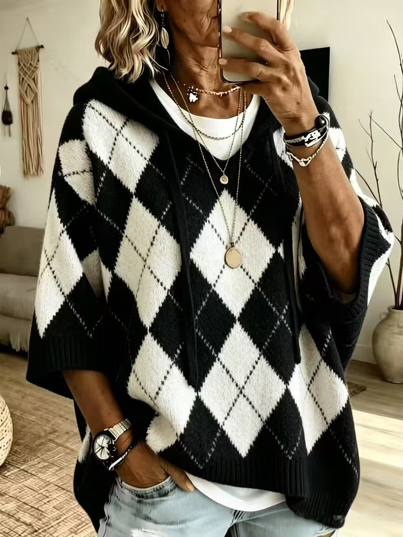 Knitted Plaid Printed Casual Hooded Drawstring Tops