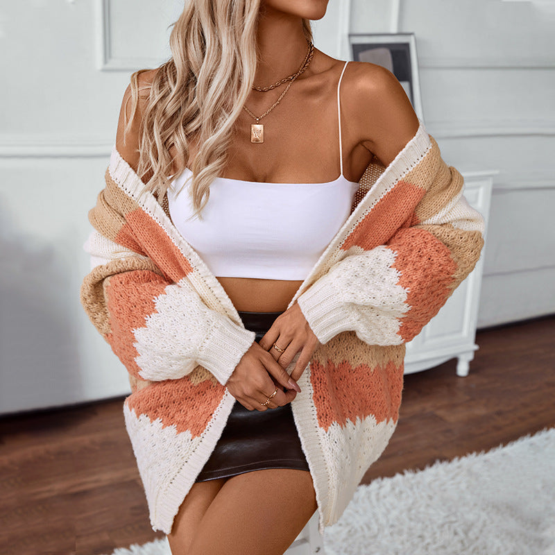 Women's Contrast Color Striped Casual Loose Lantern Sweater