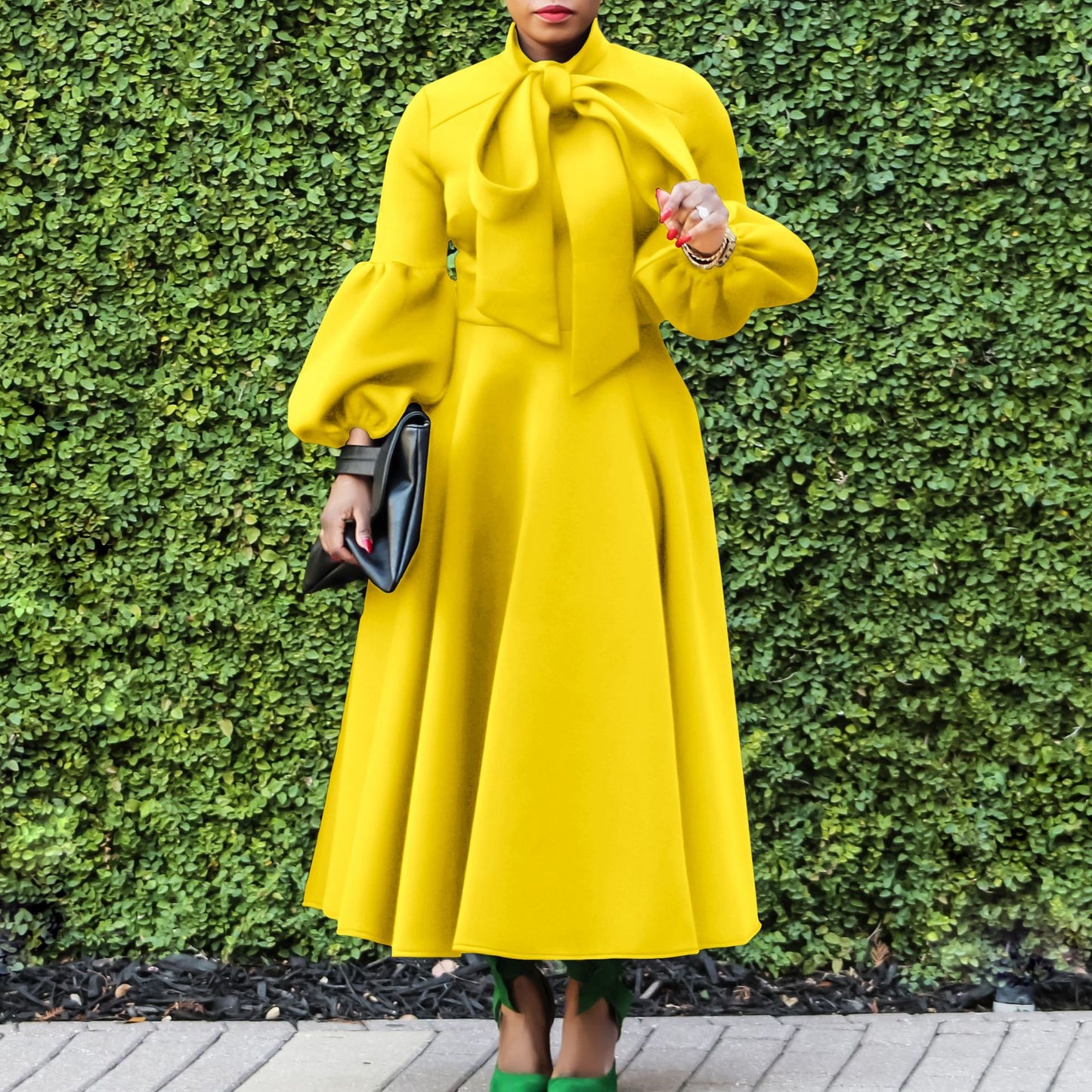Fashion Lantern Sleeve High Waist Bow Dress