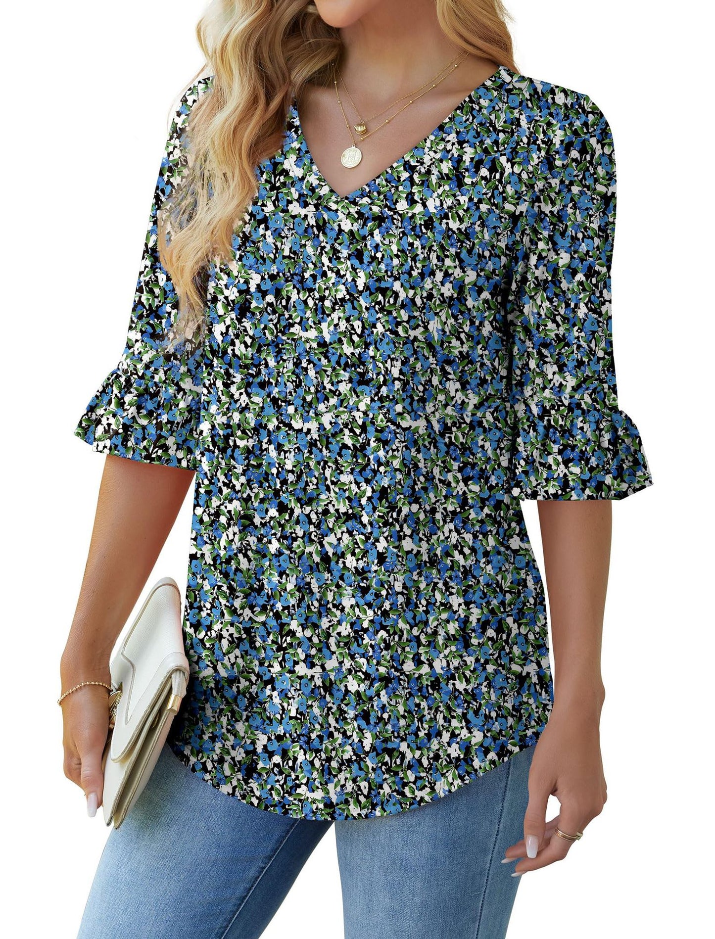 Printed Shirt Floral Flared Half Sleeve Blouses