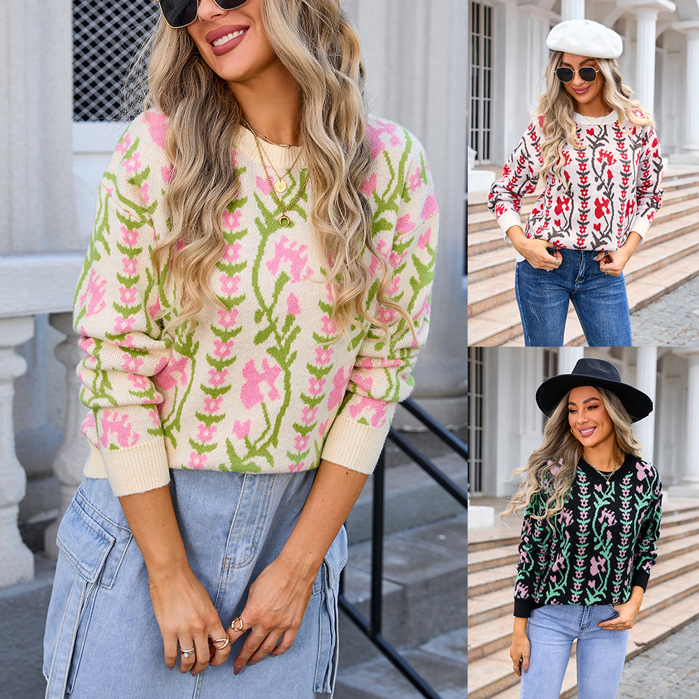 Women's Spring Jacquard Branch Round Neck Flower Knitted Sweaters
