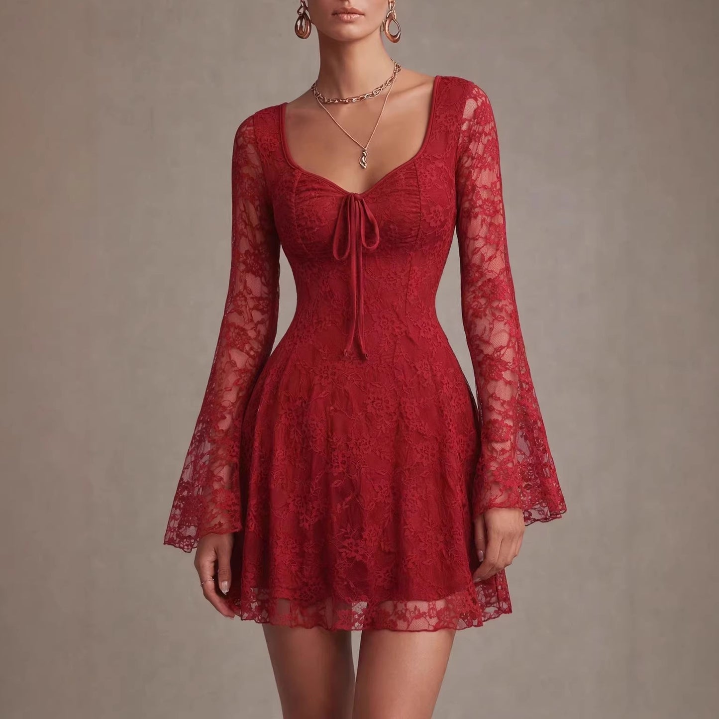 French Retro Pure Style Light Lace Sexy Tied Long Jumpsuits