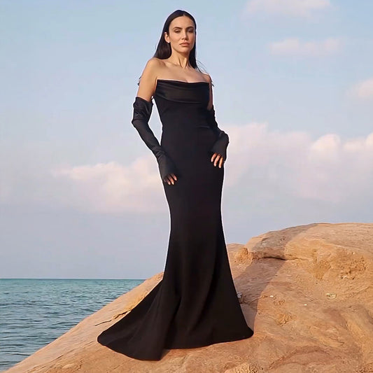 Women's Long-sleeved Dress Dinner Black White Waisted Dresses