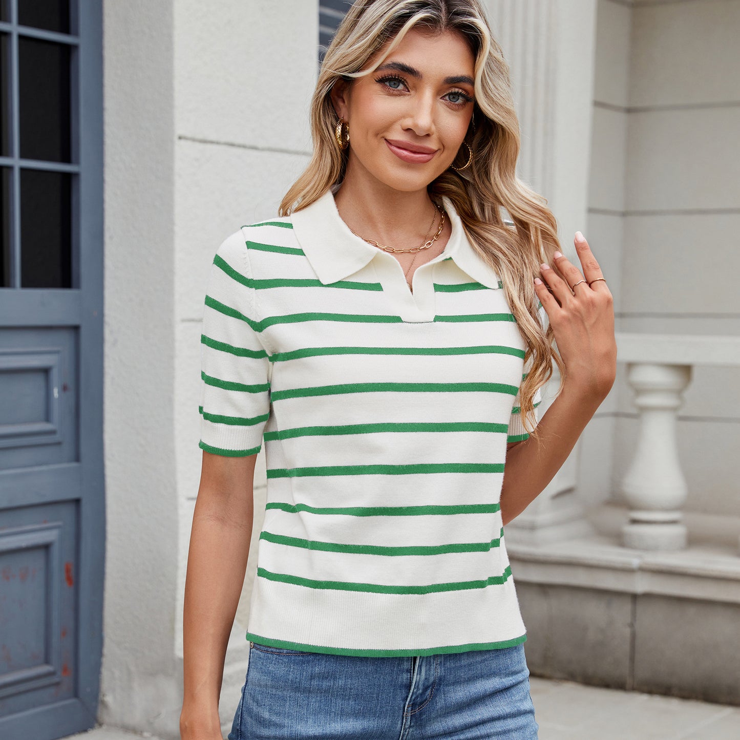 Innovative Trendy Women's Casual Striped Lapel Sweater