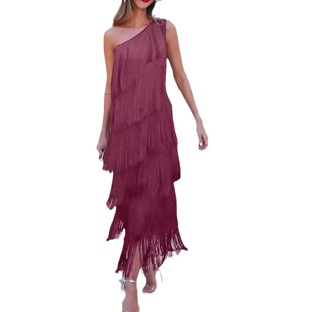 Trendy Fashion Tassel Shoulder Asymmetric Dress Dresses