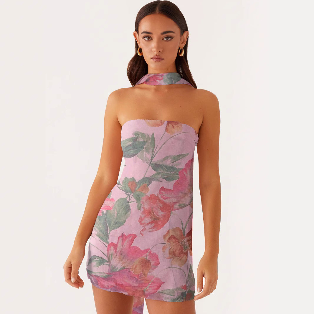 Women's Summer Halter Ribbon Printed Tube High Dress