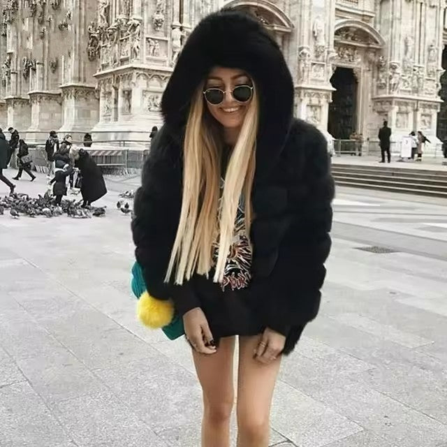 Women's Imitation Fur Hooded Mid-length Slim Fit Coats