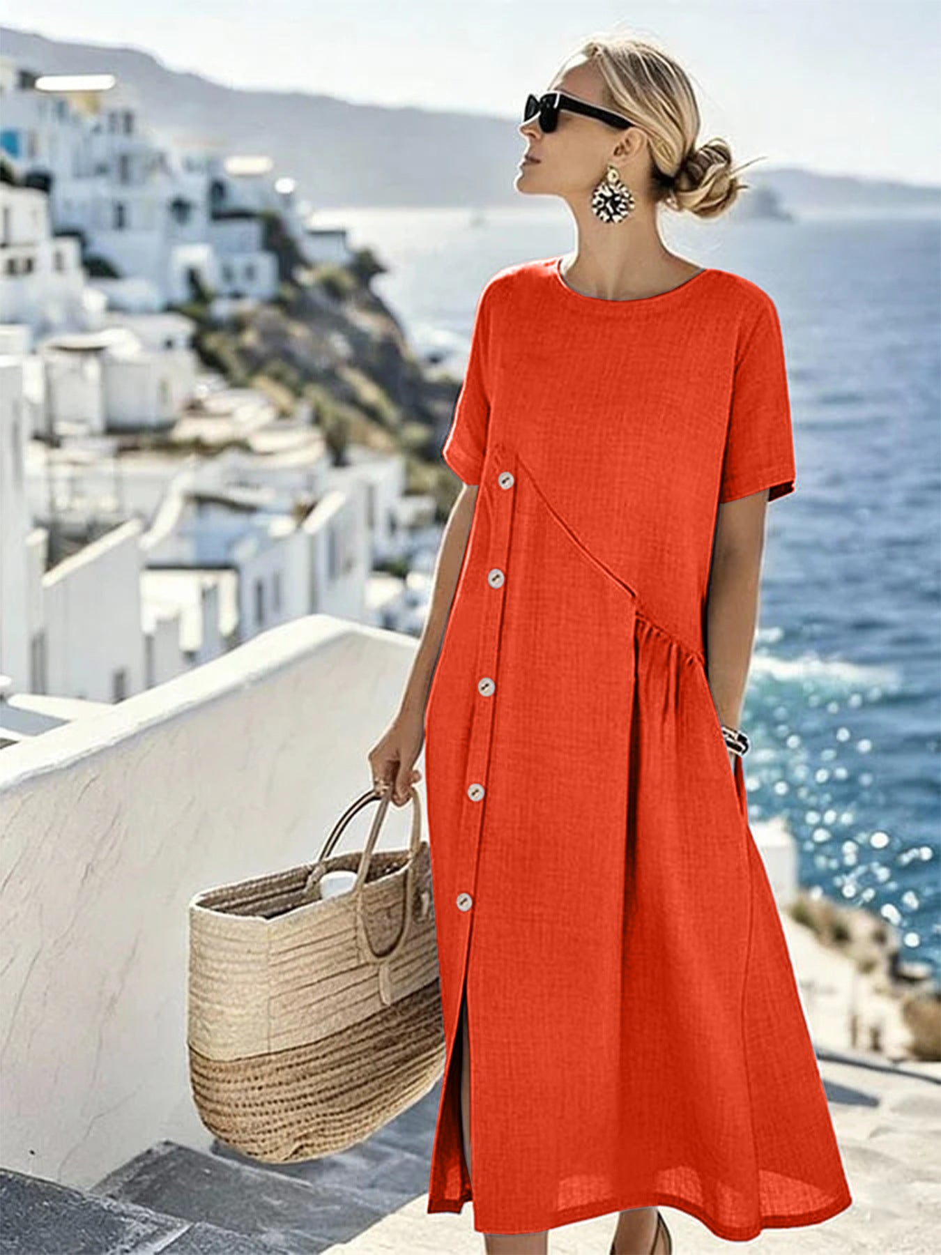 Casual Fastener Decoration Fold Pocket Mid-length Dress