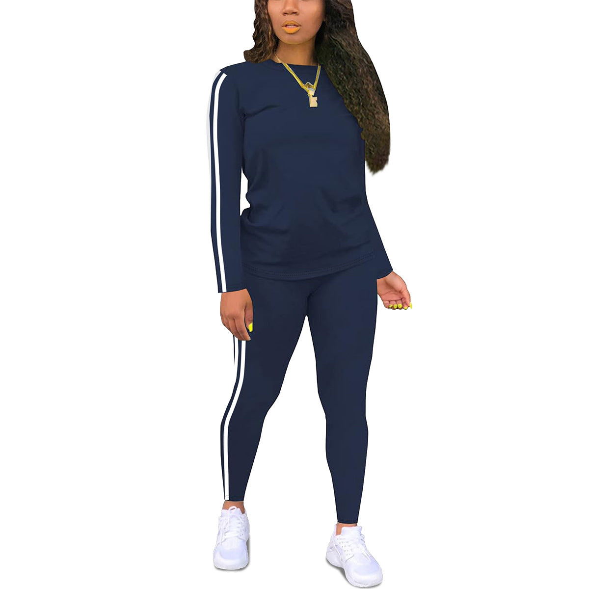 Women's Round Neck Long Sleeve Patch Trousers Side Fashion Casual Suit