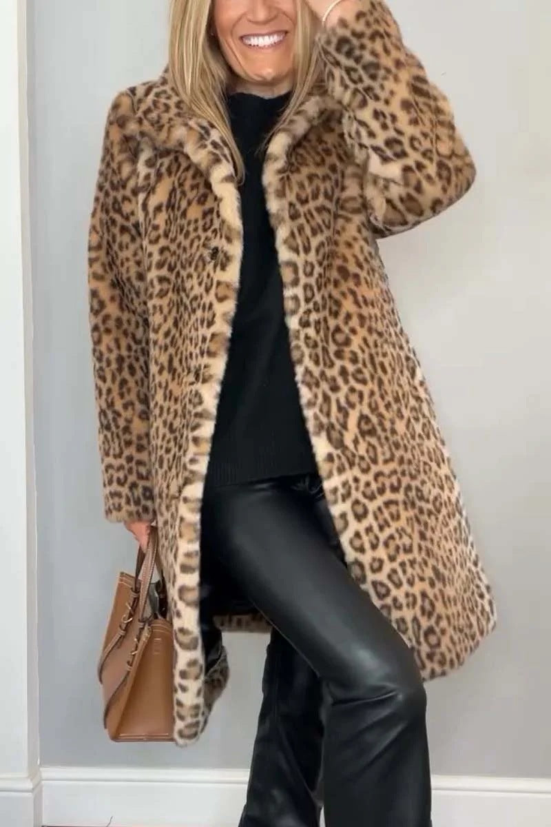 Women's Winter Fashionable Leopard Print Lapel Imitation Coats