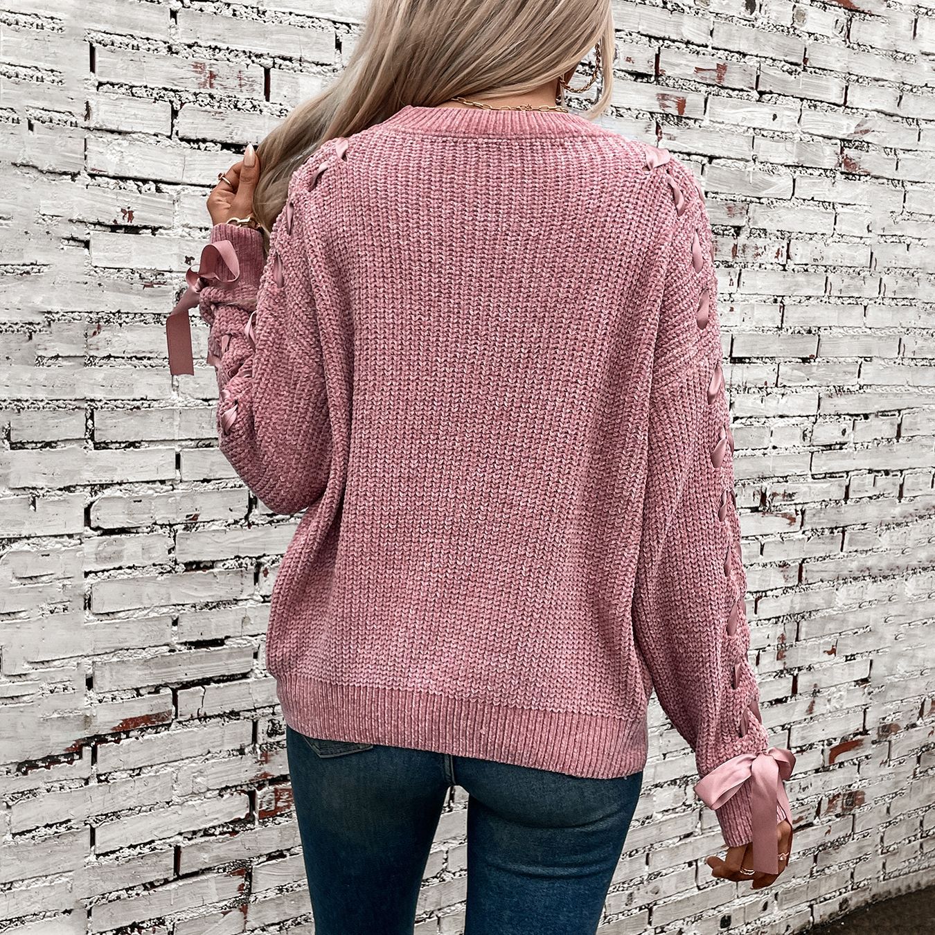 Women's Bow Pullover Loose Casual Long Sleeves Sweater