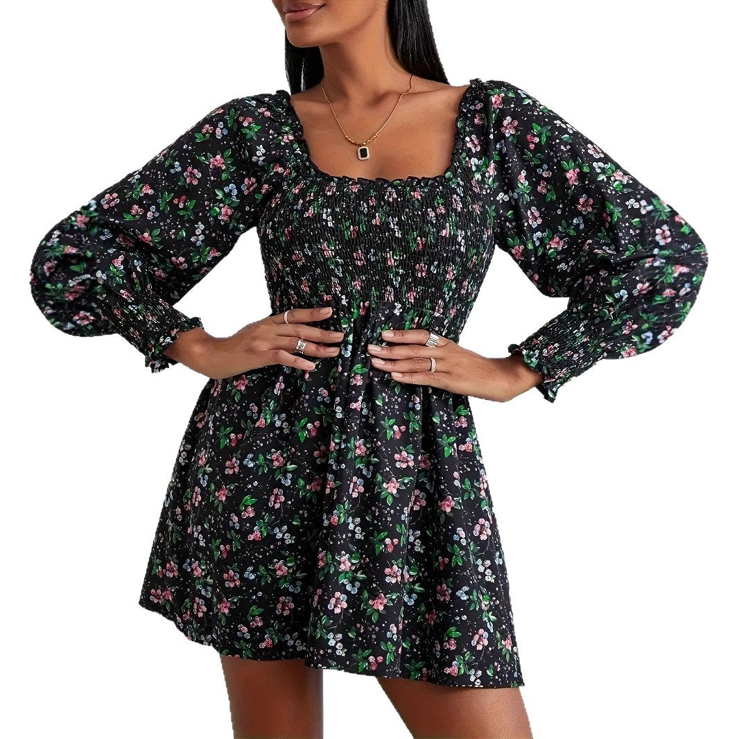 Women's Retro Lantern Long Sleeve Smocking Waist Trimming Dress