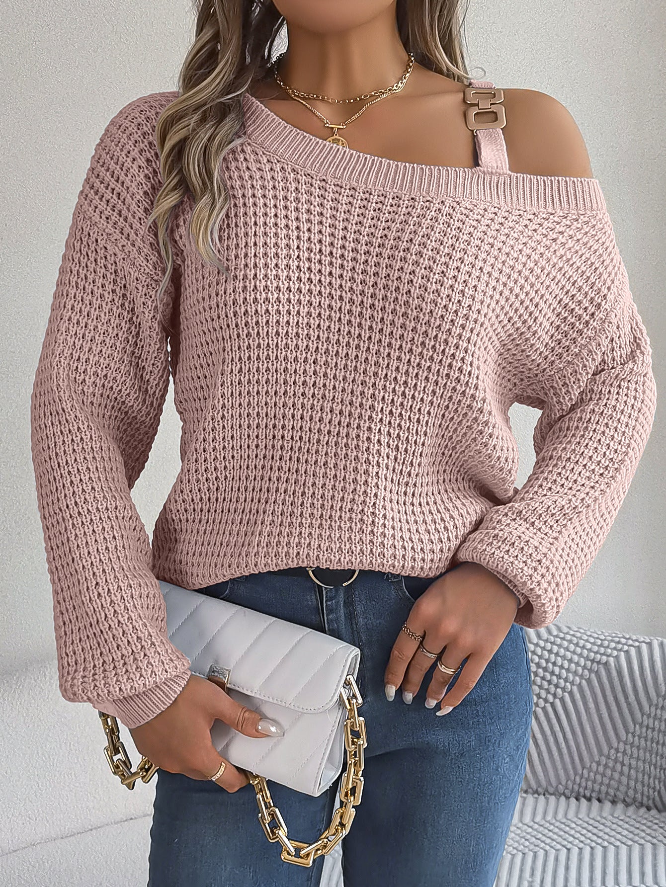 Women's Casual Metal Buckle Lantern Sleeve Pullover Clothing