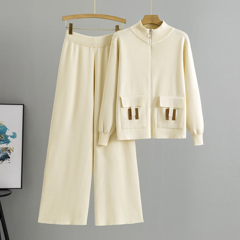 Women's French Zipper Fashion Knitted Wide Leg Suits