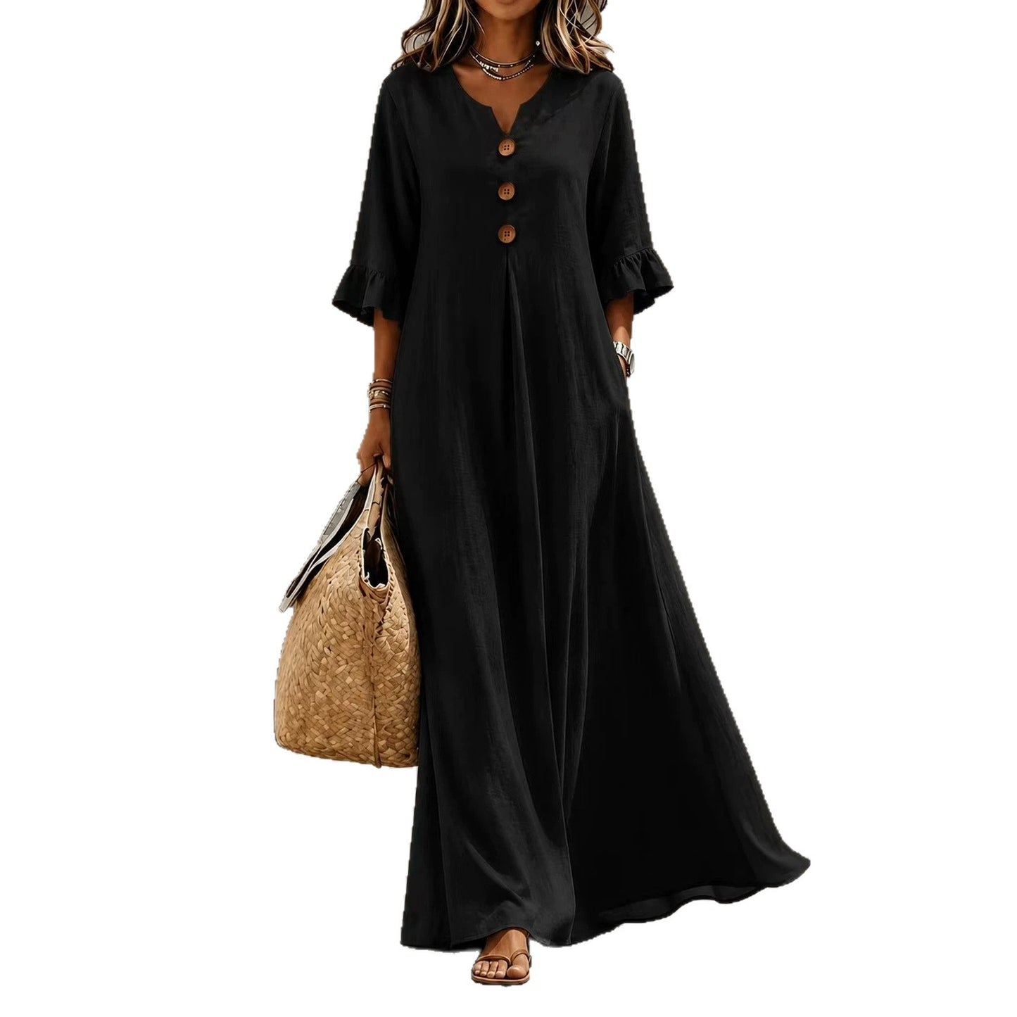 Women's Lotus Leaf Sleeve Pocket Long Fashion Dress