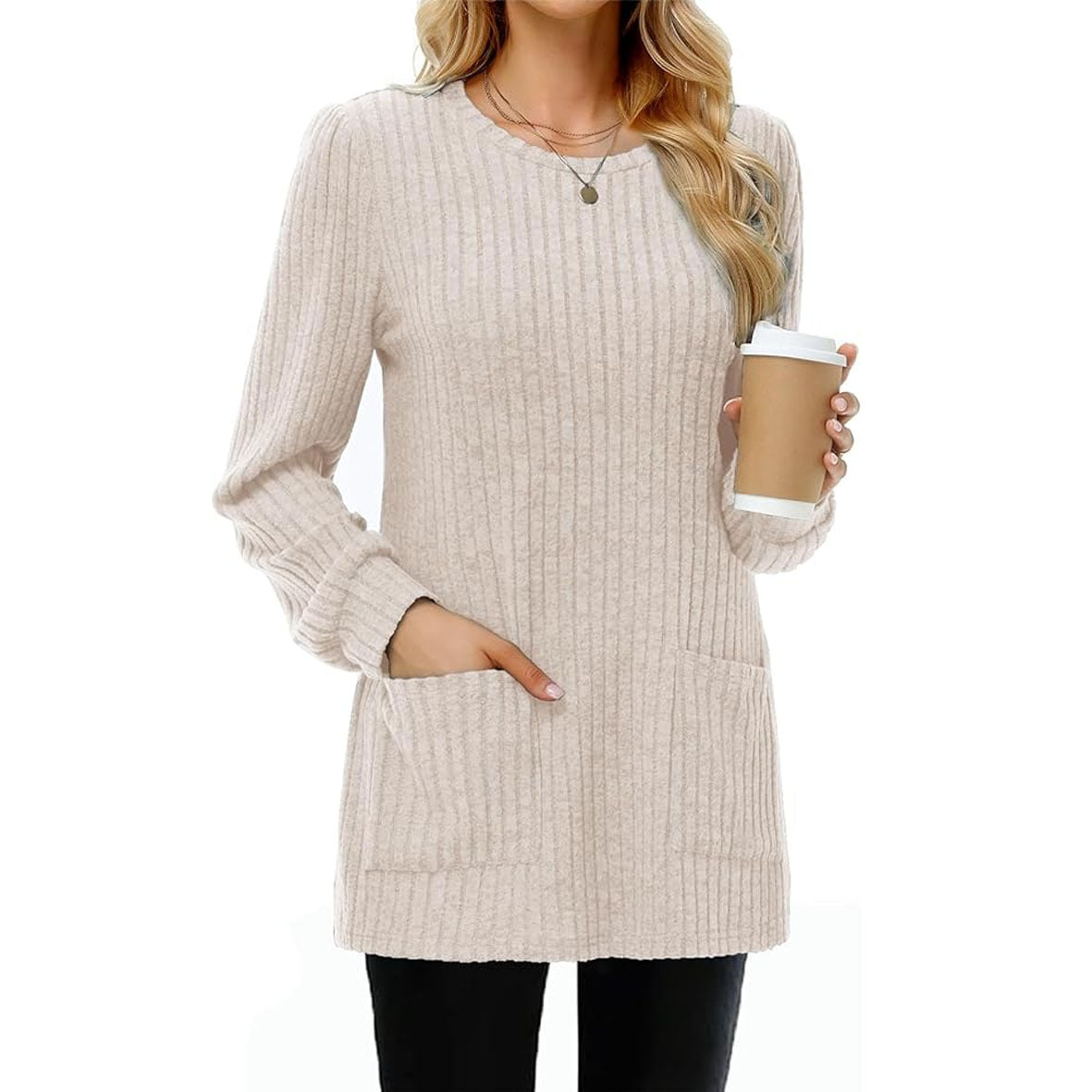 Mid-length Casual Round Neck Sunken Stripe Solid Sweaters