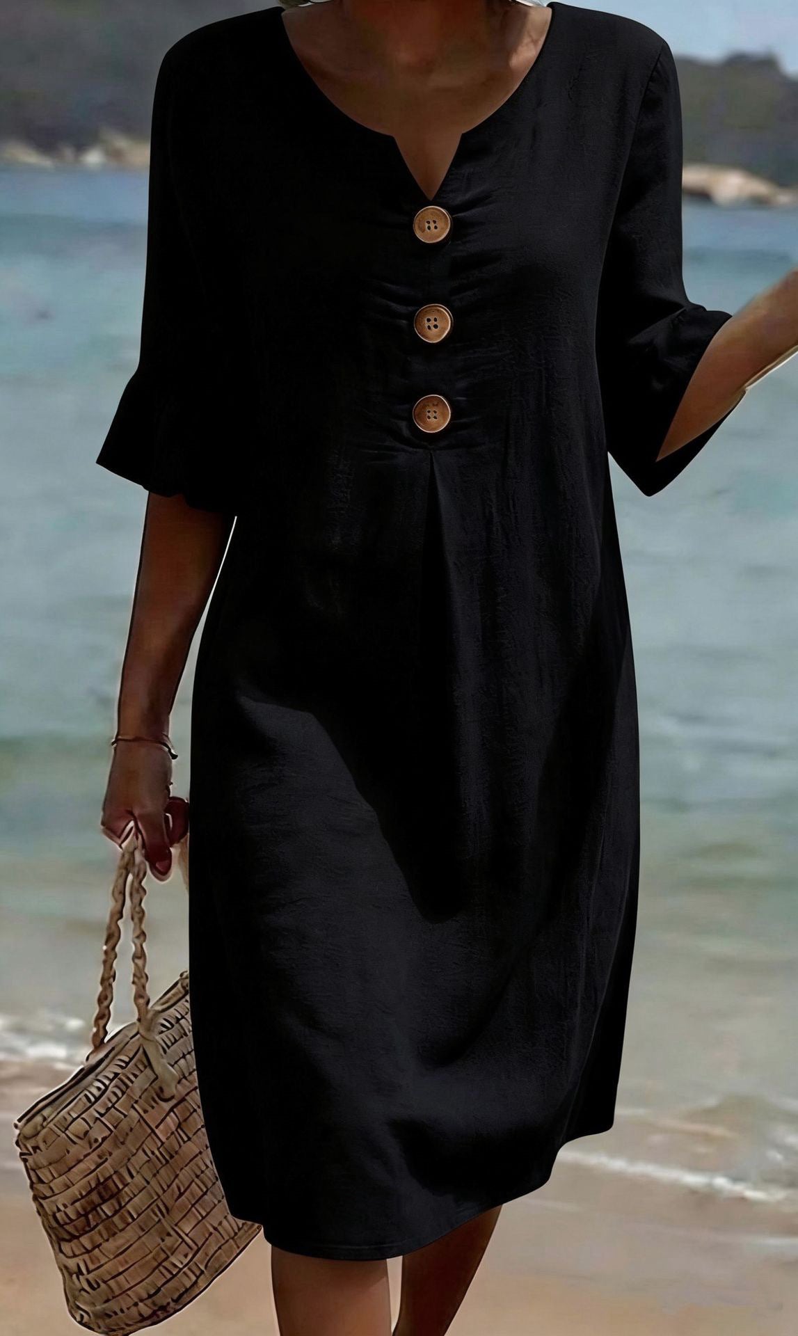 Women's Cotton Linen Buttons Ruffle Sleeve Dress