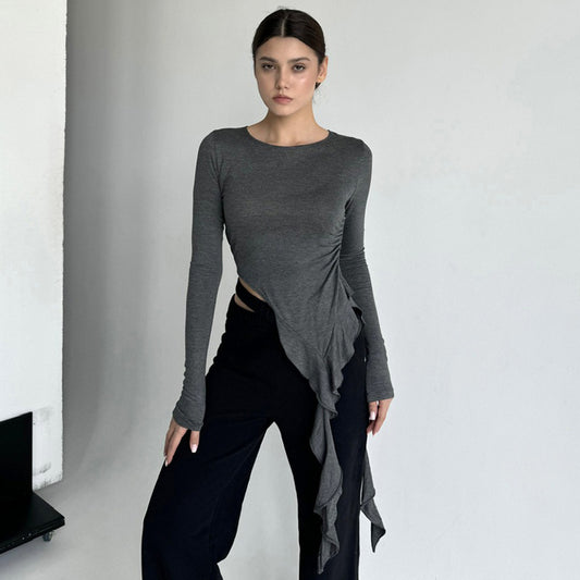 Women's Autumn Solid Color Round Tie Ruffled Long-sleeved Blouses