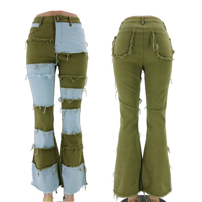 Women's Autumn Fashion Color Contrast Patchwork High Waist Jeans
