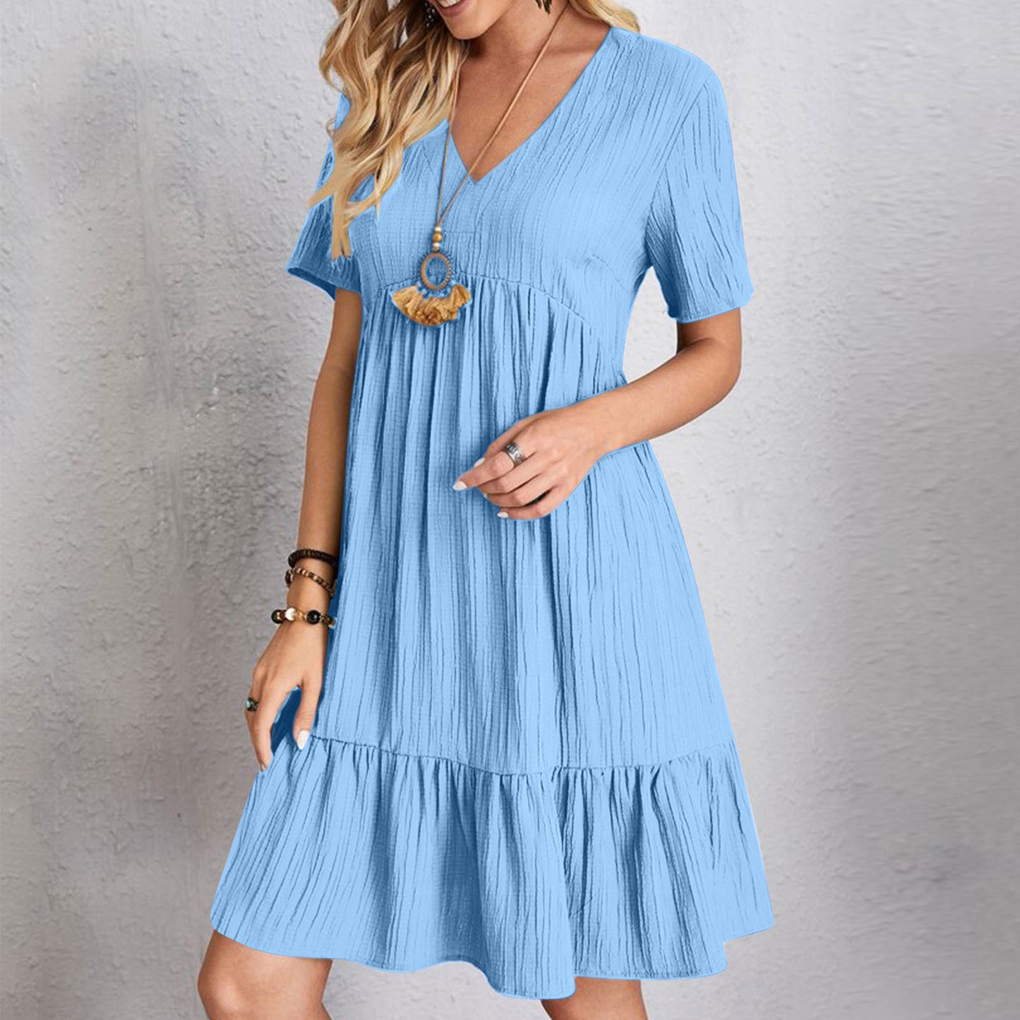 Women's Loose Solid Color Pleated Casual Lace Dress