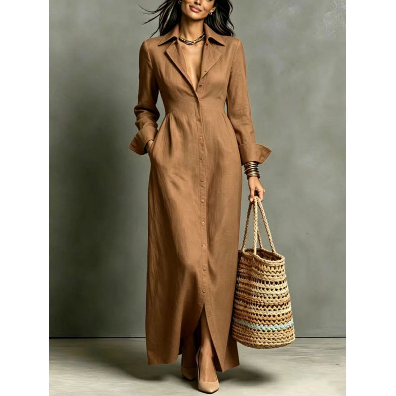 Casual Pocket Solid Color Breasted Lapel Dress
