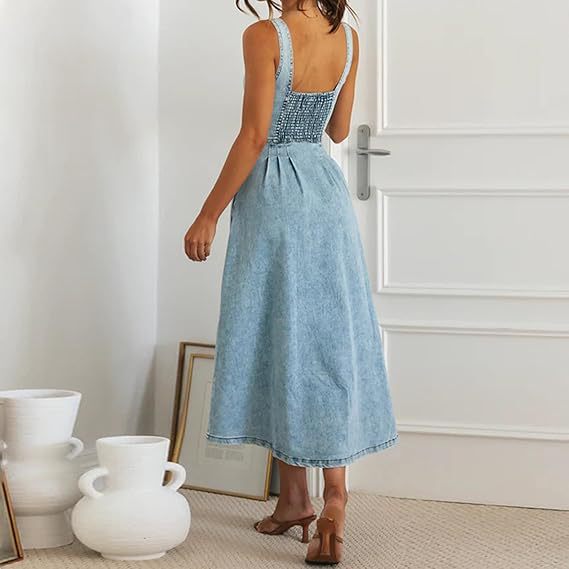 Women's Summer Blue Denim Distressed Strap Single Row Button Dress