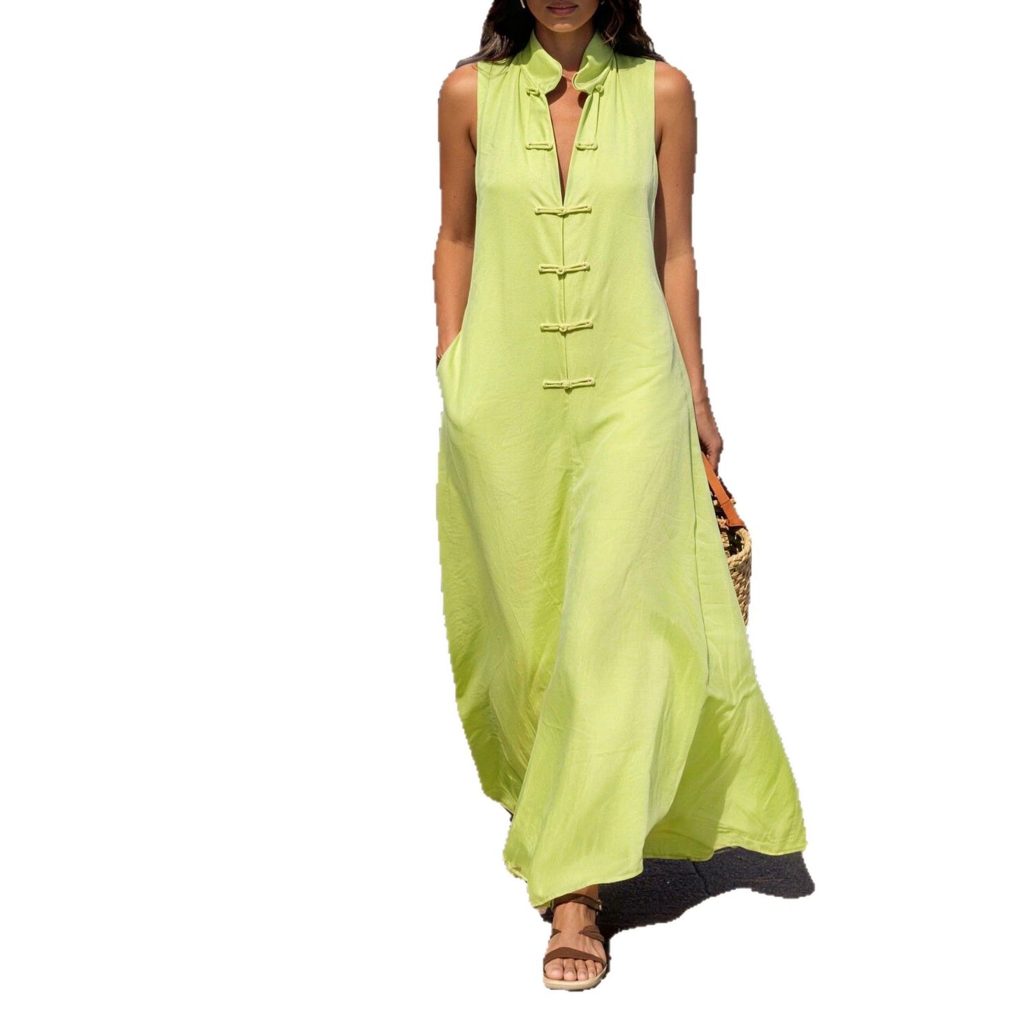 Stand Collar Frog Buckle Loose Linen Dress