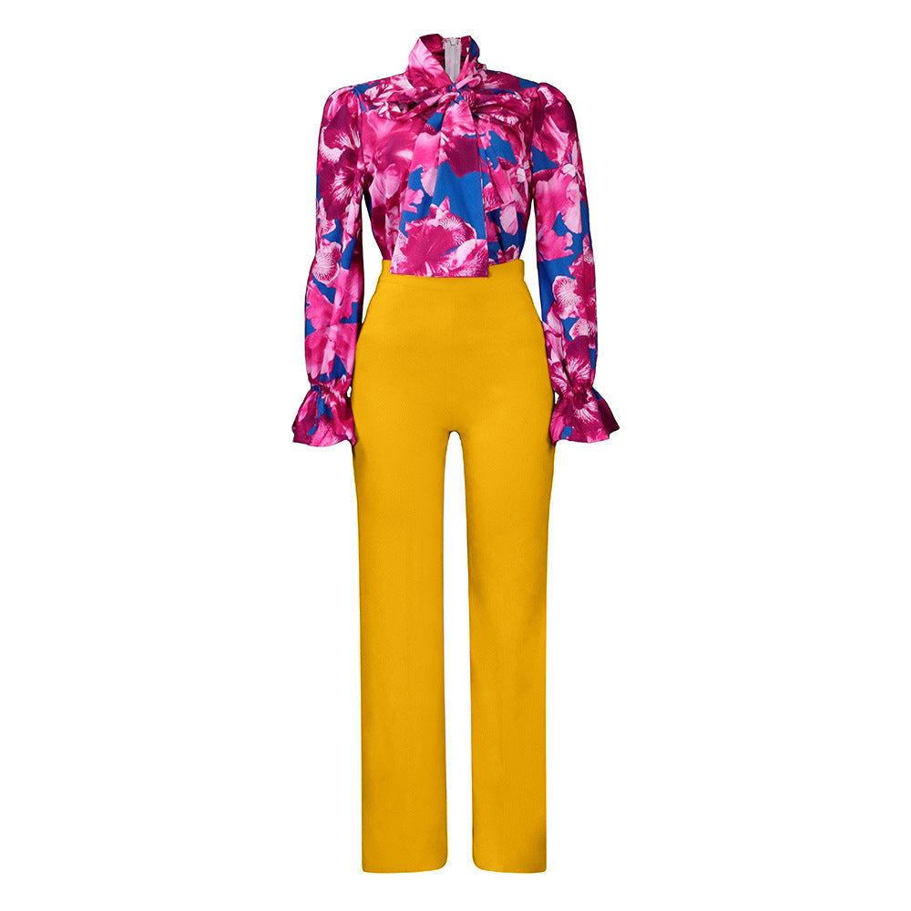 Women's Loose Large Printed Long-sleeved Shirt Two-piece Fashion Casual Suit