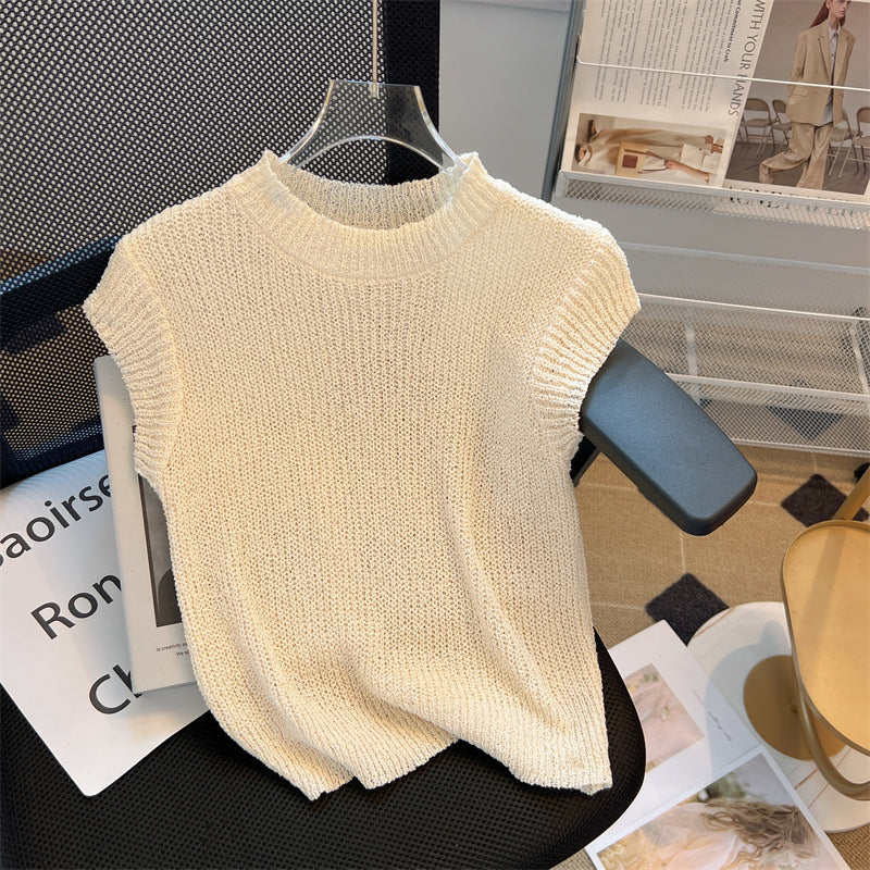 Women's European Goods Short-sleeved Summer Silk Ice Design Sleeveless Solid Women's Sweater