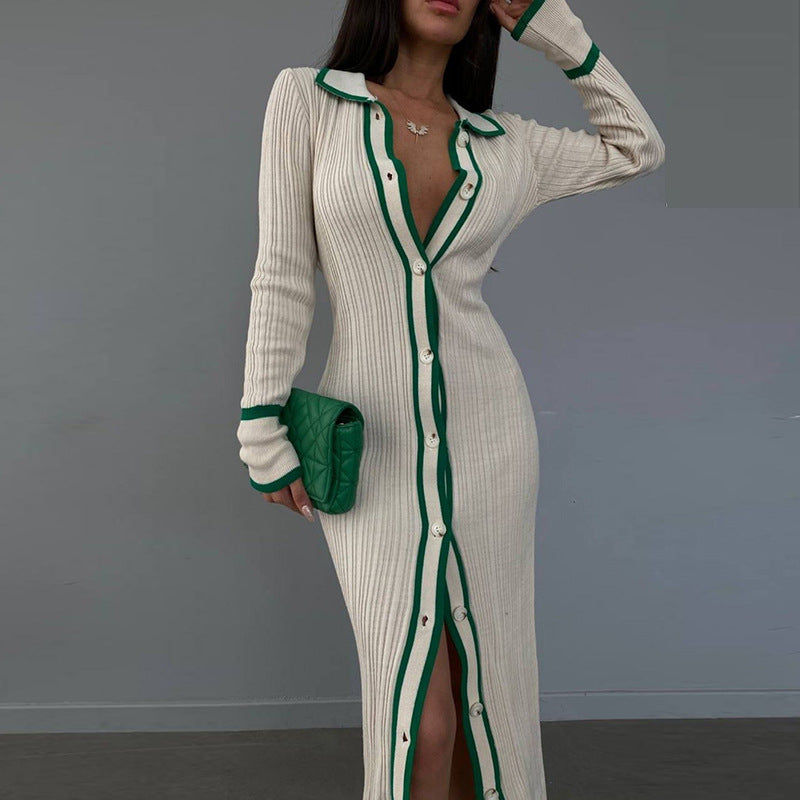 Women's Slim Fit Lapel Patchwork Long-sleeved Dress Dresses