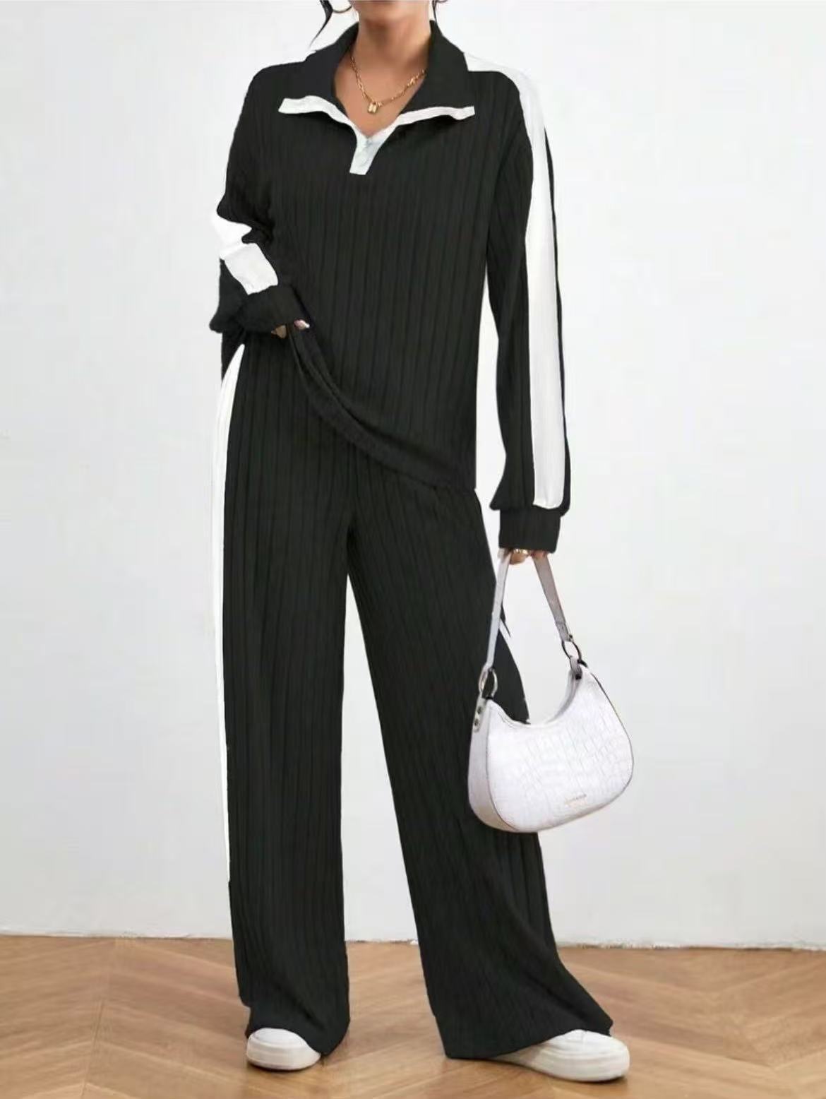 Women's Simple Sports Style Color Contrast Patchwork Lapel Zipper Fashion Casual Suit