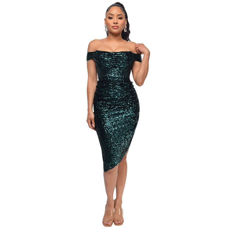 Women's Split Draped Dress Summer Sequined Backless Dresses